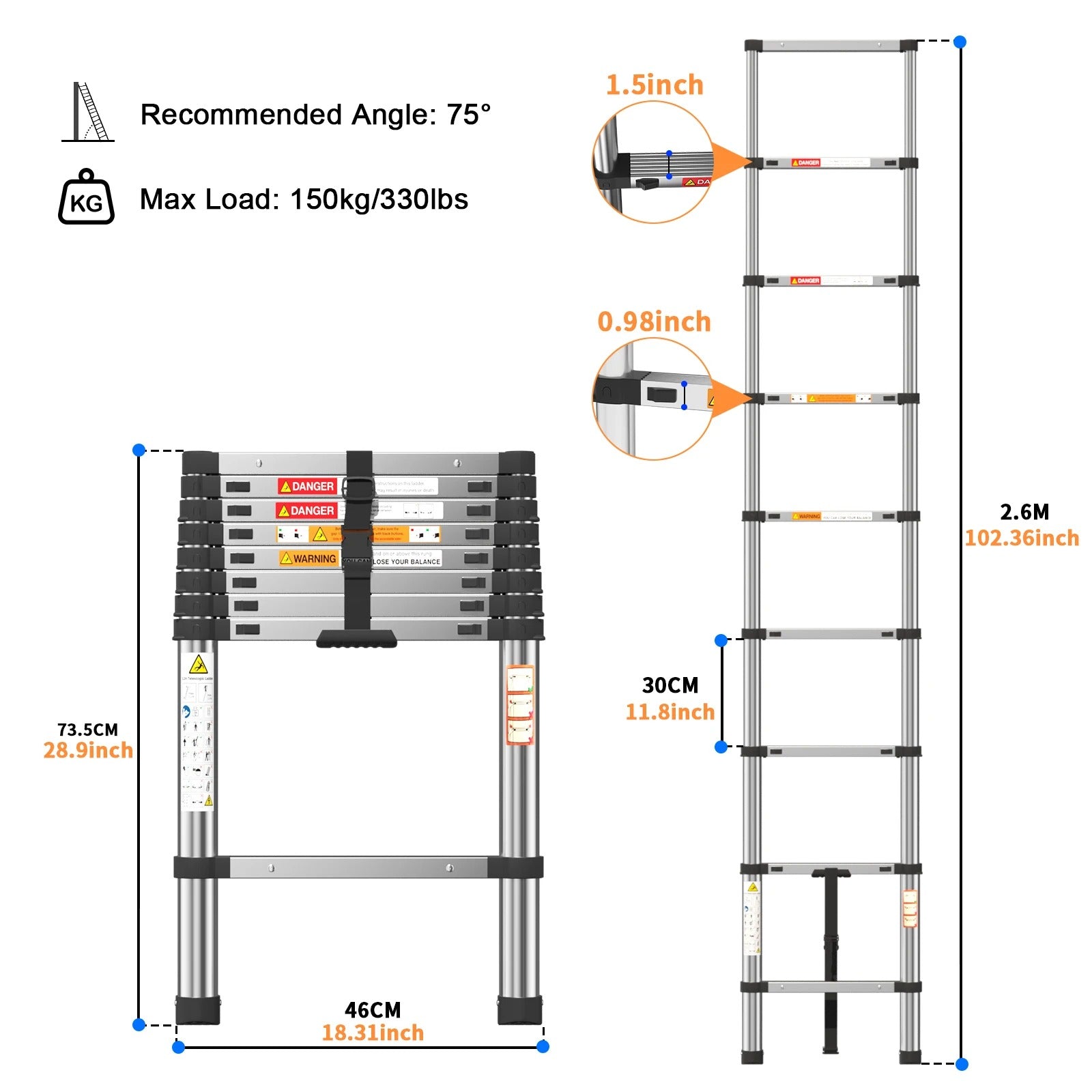 Telescopic Ladder Stainless Steel,load 150kg, Convenient Extendable ,For Pulling Walls, Changing Light Bulbs,Repairing Roofs,RV