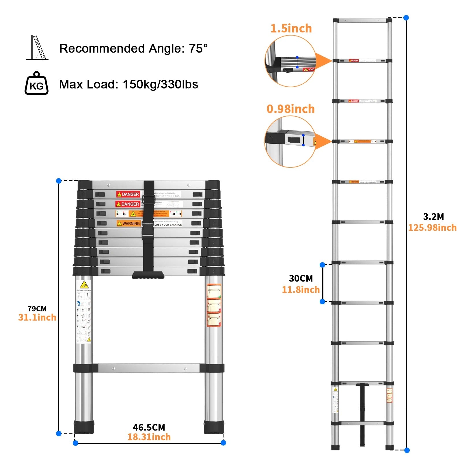 Telescopic Ladder Stainless Steel,load 150kg, Convenient Extendable ,For Pulling Walls, Changing Light Bulbs,Repairing Roofs,RV